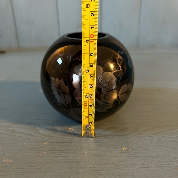 Fenton Black Ebony Amethyst Bowl Vase HP Silver Floral Poppies Signed Vintage - Picture 8 of 8